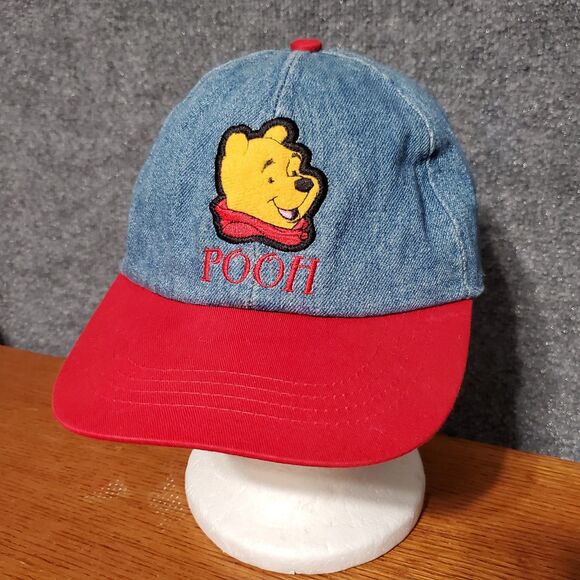 VTG Winnie The Pooh Denim Hat Adult Red Bill Disney POOH Spell Out Y2K 90s Cap - Picture 6 of 10